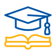 Blue graduation cap with a cord on the right and a yellow outlined book beneath it.