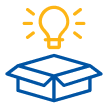 Yellow light bulb above an open blue box representing an idea or concept.
