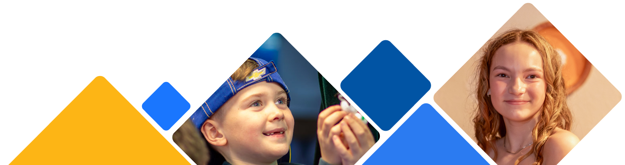 A wide banner featuring photos of two students framed within diamond shapes. On the left, a young boy in a blue cap smiles while looking upward; on the right, a teenage girl with curly hair smiles directly at the camera.